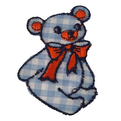 Vintage Retro 1970s Iron On Blue Gingham Teddy Bear with Red Bow Patch Applique  | eBay Vintage Teddy Bear Illustration, Patch Applique, Red Guy, Orange Bows, Bear Illustration, Cute Patches, Vintage Teddy Bears, Vintage Patches, Sewing Embellishments