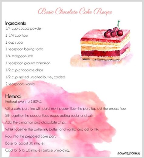 Basic Chocolate Cake Recipe, Cake Buah, Basic Chocolate Cake, Strawberry Muffin, Cookbook Cover, Strawberry Muffin Recipes, Food Text, Disney Dishes, Illustrated Recipes