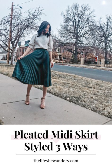 Satin Pleated Midi Skirt Outfits, Styling Black Pleated Midi Skirt, Velvet Green Skirt, High Waist Pleated Skirt Outfit, Jcrew Pleated Midi Skirt, Green Velvet Pleated Skirt Outfit, Dark Green Pleated Skirt Outfit, Pleated Silk Skirt, Pleated Skirt Midi Outfits