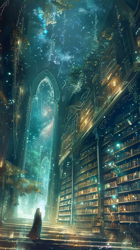 Follow me for more bookish art #library #libraryaesthetic #fantasylibrary #libraryart Endless Library Fantasy Art, Library Fantasy Aesthetic, Magic Library Art, Library At Night, Fantasy Library Concept Art, Fantasy Library Art, Library Fantasy Art, Magical Library Fantasy Art, Library Concept Art