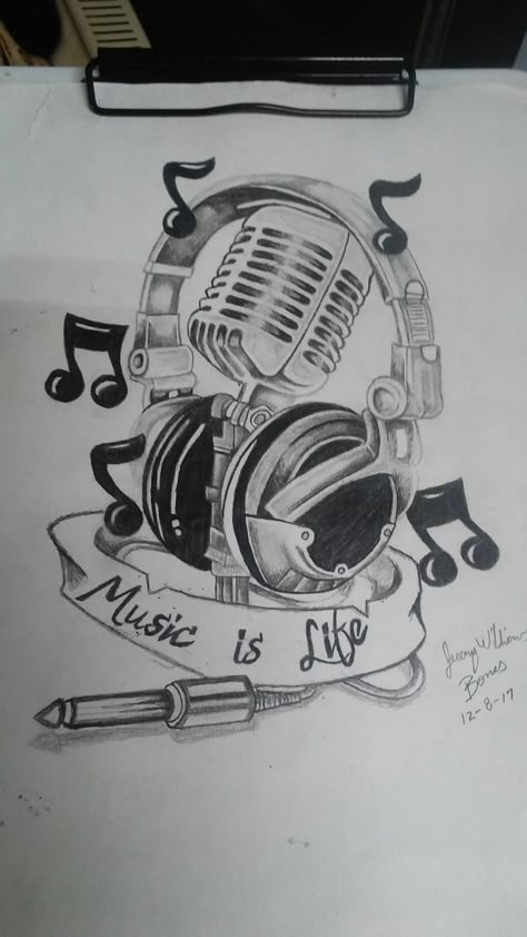 Music Tattoo Designs Sleeve, Musician Tattoo Ideas, Headphones Tattoo Design, Microphone Tattoo Design, Dj Tattoo Designs, Art Music Drawing, Dj Drawing, Microphone Drawing, Music Art Drawing