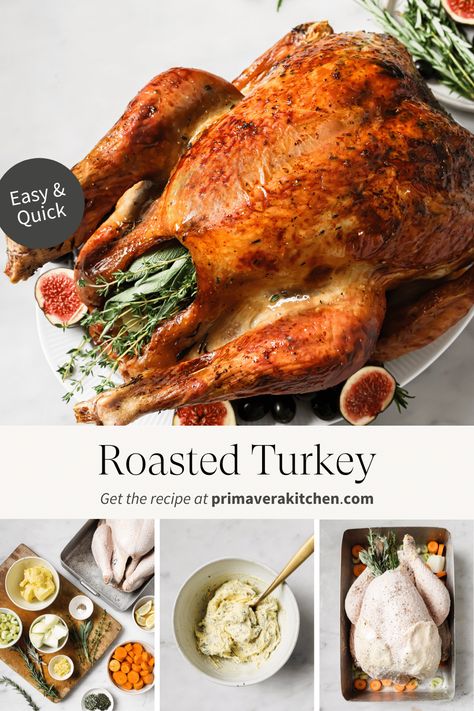 Roasted turkey is the perfect showstopper for your Thanksgiving holiday spread. It’s made with flavorful aromatics, loads of fresh herbs and an incredible compound butter that takes your turkey to the next level. #roastedturkey #garlicbutterroastedturkey Butter Roasted Turkey, Spatchcock Turkey Recipe, Spatchcock Turkey, Glazed Turkey, Soy Butter, Herb Turkey, Roast Turkey Recipes, Veggie Casserole, Frozen Turkey