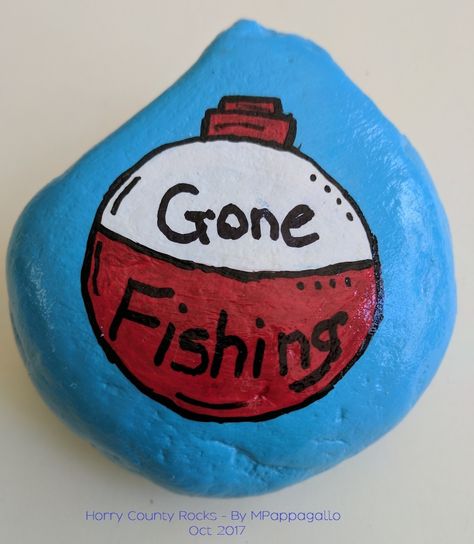 Gone Fishing Bobber Painted Rock - Oct 2017 Gone Fishing Painting, Gone Fishing Rock Painting, Fishing Rock Painting Ideas, Fishing Rocks Painted Stones, Rock Painting Fish Ideas, Fishing Rock Painting, Camping Painted Rocks Ideas, Big Rock Painting, Painted Rocks Fish