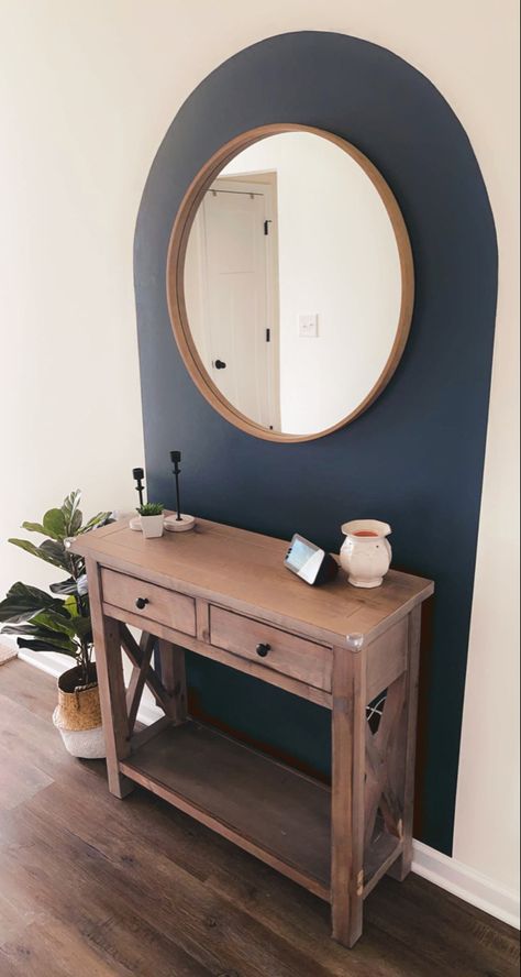 Painted Arch in Benjamin Moore’s Hale Navy Navy Arch Wall, Arch Wall Entryway, Painted Arch Mirror, Painted Arch Hallway, Paint Arch Mirror, Painted Arch With Mirror, Painted Arch In Bathroom, Tiny Accent Wall, Paint Behind Mirror