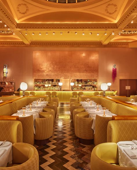 The iconic sugar-pink Gallery dining room at Sketch is no more, with the London restaurant having recently revealed its all-new yellow-toned art installation. Created by artist Yinka Shonibare CBE RA and project architect India Mahdavi, the design marks the start of a new era for the restaurant as it enters its 20th year. See link for full story. #elitetraveler #sketchlondongallery #luxurylondon Sketch Restaurant, London Sketch, Sketch London, Gallery Restaurant, Venue Sketch, Cafe Society, London Venues, London Restaurants, Pink Interior