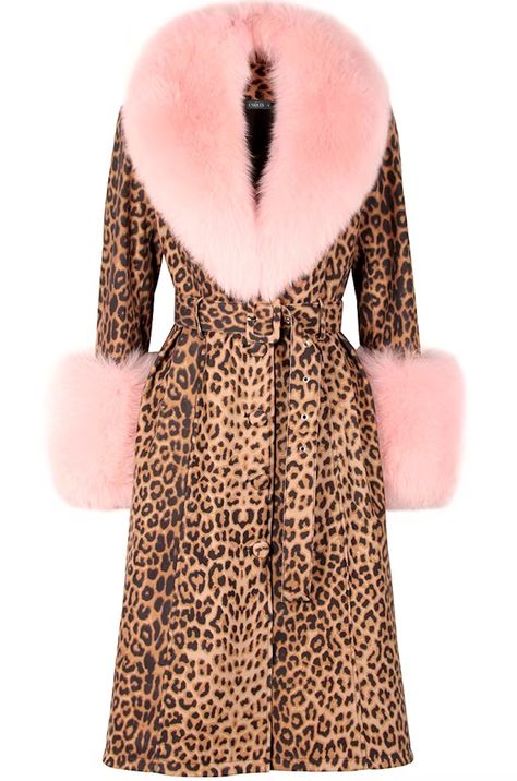 Look stylishly cozy in our Leopard Print Genuine Leather Trench Coat featuring a faux fur trimmed collar, long sleeves with faux fur cuffs, belted waist with belt loops, front button closer, A-line silhouette, side welt pockets, and mid length hem. Genuine sheepskin leather Faux fur collar and cuffs Fully lined Lining: 30% silk; 70% polyester Dry clean only Imported Leopard Print Trench Coat, Window Display Fall, Curvy Fall Fashion, Diva Core, Leather Coat With Fur, Pink Photoshoot, Leather Trench Coat Woman, Pink Fur Coat, Nightmare Dressed Like A Daydream