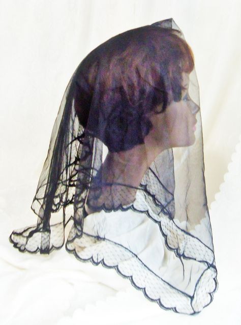 Chapel Head Covering Mantilla, Sheer Mesh & Lace Black Mourning Scarf Funeral Gothic Wedding Accessory https://www.etsy.com/listing/243066063/chapel-head-covering-mantilla-sheer-mesh?ref=shop_home_active_4 Gothic Scarf, Goth Glamour, Ladies Head Scarf, Victorian Hairstyles, Head Coverings, Prom 2024, Twelfth Night, Wedding Accessory, Hair Cover