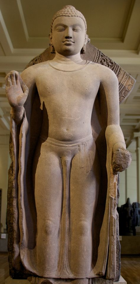 https://flic.kr/p/g7FDQk | Standing Buddha, Sarnath (UP, India), 5th-6th century AD | This standing Buddha statue is made of sandstone. He is depicted with the Abhayamudra (hand gesture of protection, peace, benevolence and dispelling of fear).   Room 33, British Museum, London. Buddha India, Standing Buddha Statue, British Museum London, Standing Buddha, Hand Gesture, Indian Sculpture, Protection Amulet, Brass Statues, Buddha Image