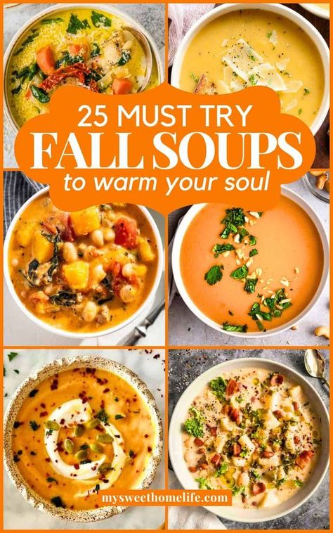 Warm up this season with our collection of hearty fall soup recipes that are perfect for chilly days. Soups Fall Comfort Foods, Fall Dinner Soup Recipes, Creamy Autumn Soup, Two Day Dinner Ideas, Fall Time Soups, Savory Fall Soups, Easy Autumn Soup, Fall Inspired Dishes, Grilled Cheese And Soup Pairings