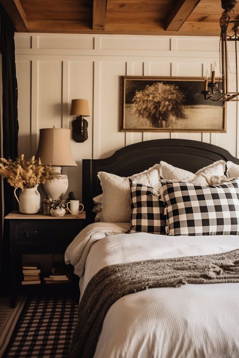 80+ Gorgeous Cottagecore Bedroom Ideas Buffalo Check Master Bed, Country Guest Bedroom Ideas, Old Farmhouse Bedroom, Black Panel Beds, Cottagecore Bedrooms, Bedroom Magic, Bedroom Primary, Floral Patterns Vintage, Cabin Bedrooms