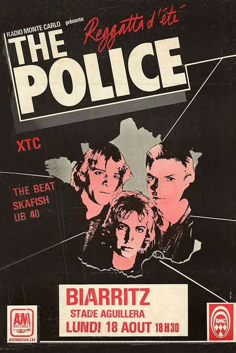 The Police 1979 Biaritz Police Poster, The Police Band, Stewart Copeland, Concert Poster Art, Vintage Concert Posters, Rock Band Posters, Vintage Music Posters, Music Concert Posters, Concert Flyer