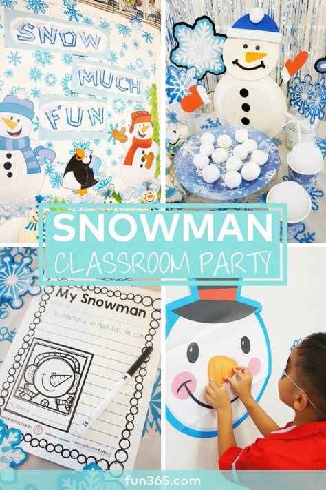 This winter classroom party is full of snowballs, snowflakes, and snowmen! Be sure to grab the free writing prompt printable too! Snowman Classroom Party, Winter Wonderland Class Party Ideas, Winter Theme Classroom Party, Winter Class Party Ideas 1st Grade, Elementary Winter Party Ideas, Winter Party Ideas For Kids, Kindergarten Winter Party Ideas, Winter Classroom Party Ideas, Winter Wonderland Party Games