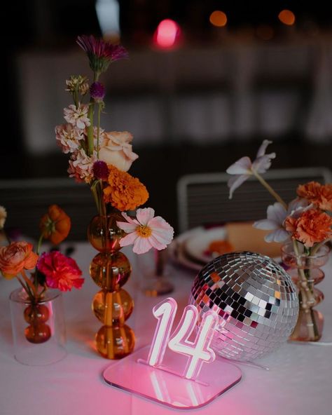 Disco Wedding, Wedding Table Designs, Disco Theme, Wedding Lounge, Tall Candle, Socal Wedding, Party People, Wedding Table Settings, Wedding Desserts