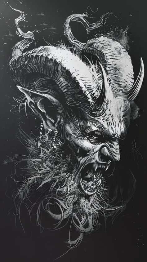 Drawing Of A Demon, Demon Drawing, Baroque Tattoo, Black Paper Drawing Ideas, Japanese Warrior Tattoo, Paper Drawing Ideas, Black Tattoo Cover Up, Devil Tattoo, Art Zine