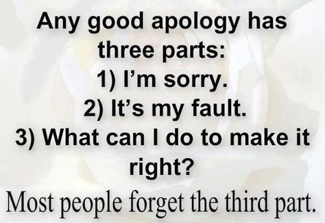 "Any good apology has three parts: 1) I'm sorry. 2) It's my fault. 3) What can I do to make it right? Most people forget the third part."  #Inspirational #Apology #Fault #Forgiving #picturequotes  View more #quotes on http://quotes-lover.com Family Picture Quotes, Im Sorry Quotes, Sorry Quotes, Fake Friend Quotes, Little Buddha, Today Quotes, Saying Sorry, True Life, What Can I Do