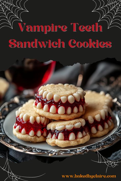 Vampire Teeth Sandwich Cookies with raspberry jam and white chocolate chip "teeth" on a plate Vampire Deserts, Vampire Food, Teeth Cookies, Vampire Cookies, Halloween Challenge, Buttery Sugar Cookies, Jam Cookies, Vampire Teeth, Cookie Dough Balls