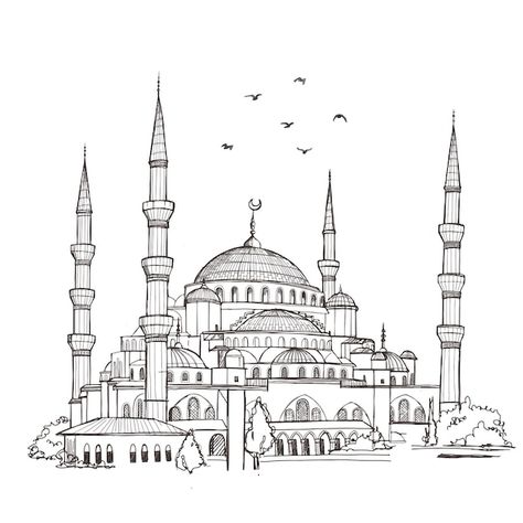 Mosque Drawing, Blue Mosque Istanbul, Architecture Drawing Presentation, Drawing Competition, Mosque Art, Islamic Art Canvas, Building Drawing, Art Photography Portrait, Calligraphy Art Print