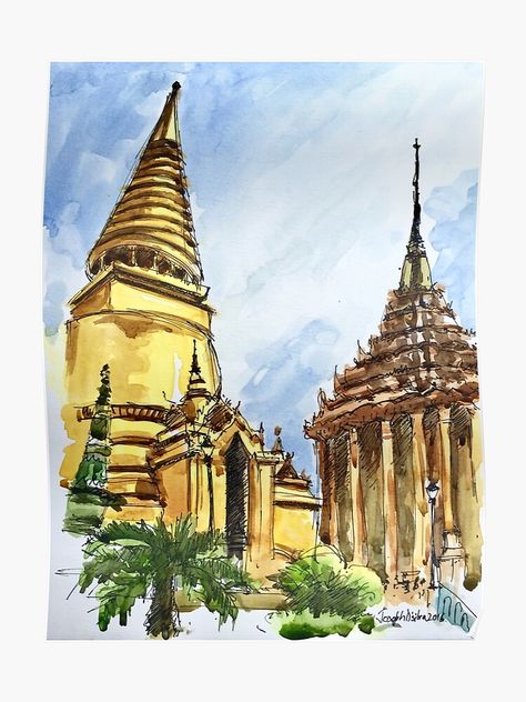 "Bangkok Buddhist Temple Thailand" Poster by TheJoeyStudio | Redbubble Thailand Watercolor, Travel Watercolor, Temple Thailand, Thailand Art, Bangkok City, Pen And Wash, Bangkok Travel, Thai Art, Buddhist Temple