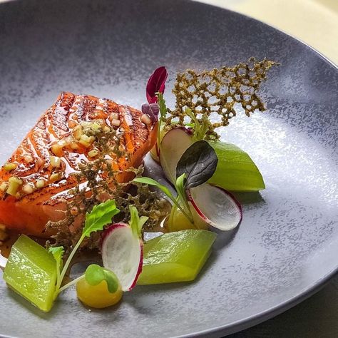 Teryaki glazed #salmon with compressses cucumber and soy gell  By Chef Andras Katona @chefandras87  The "BestChef" App Connecting The… Salmon Fine Dining Plating, Salmon Fine Dining, Salmon Plating, Fine Dining Plating, Plating Presentation, Salmon Teriyaki, Teriyaki Salmon, Salmon Cakes, Glazed Salmon