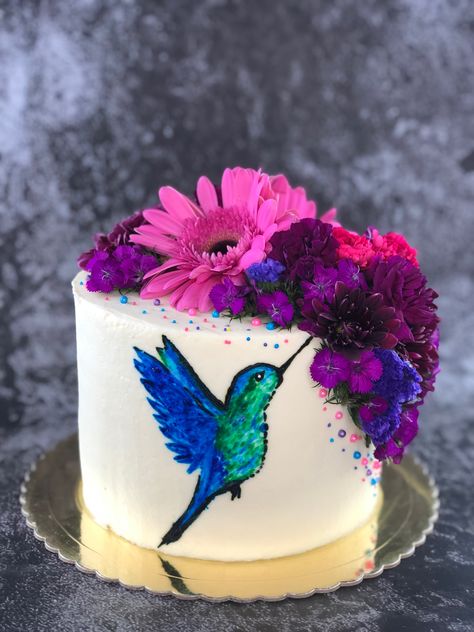 Tropical Birthday Cake, Hummingbird Cake, Happy Birthday Wishes Cake, Birthday Wishes Cake, Bird Cakes, Beautiful Birthday Cakes, Blue Cakes, Colorful Cakes, Birthday Party Cake