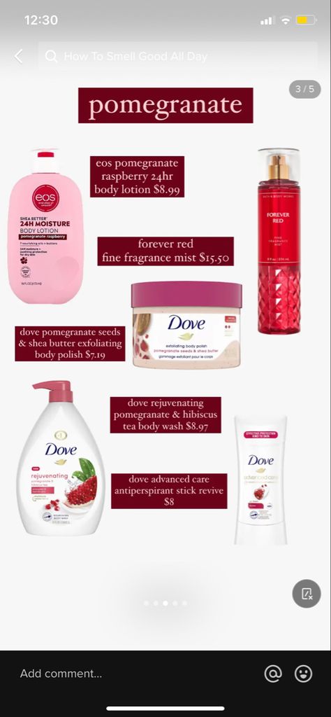 Forever Red Perfume, Eos Pomegranate Raspberry Combo, Berry Scented Shower Routine, How To Smell Like Pomegranate, How To Smell Like Raspberry, Pomegranate Body Care, Pomegranate Perfume, Scent Layering, Persephone Aesthetic