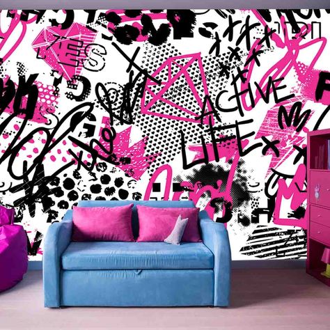 If your teen daughter loves art and graffiti then they will definitely love this bright and beautiful wallpaper! This is sure to make any teen girl bedroom even more awesome! This can be customized to fit your needs. Please message for custom sizes if you do not see the size you need. Urban Salon Decor, Graffiti Accent Wall, Love Graffiti Art Words, Graffiti Room Ideas Bedrooms, Graffiti Murals Bedroom, Spider Braids, Pop Art Bedroom, Wallpaper Teen, Girls Bedroom Mural