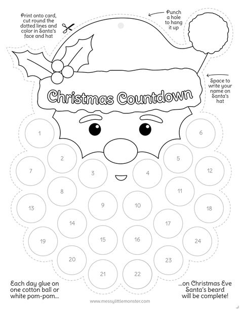 Santa's Beard Christmas Countdown Printable Santa Advent Calendar Printable, Christmas Countdown Santa Beard, Santa Countdown Printable, Santa Countdown Beard, Santa Beard Countdown Free Printable, Free Christmas Countdown Printable, Christmas Countdown Coloring Pages, Christmas Countdown Printable Free, Santa Advent Calendar Craft