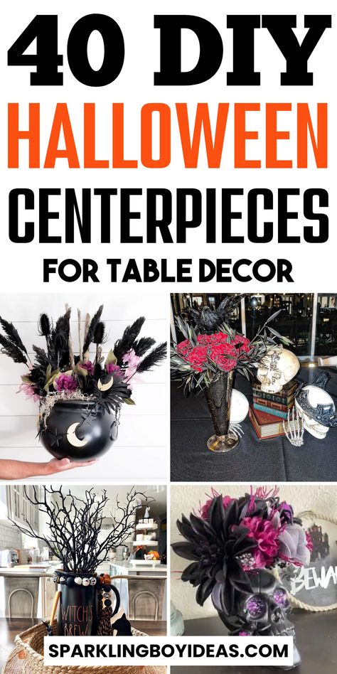 Explore your Halloween table decorations with these spooky DIY Halloween centerpiece ideas. From eerie Halloween tablescapes to haunting arrangements, our DIY table settings will help you create the perfect ambiance. Embrace the pumpkin decorations or add ghostly touches for a creepy vibe. These Halloween table centerpieces are cheap and easy to make. Explore black and orange centerpieces, witchy table settings, and skeleton-themed arrangements. Check out these cheap DIY Halloween decorations. Halloween Centerpieces Diy, Halloween Table Decorations Centerpieces, Halloween Centerpiece Ideas, Halloween Wedding Centerpieces, Halloween Party Centerpieces, Halloween Flower Arrangements, Halloween Centerpieces, Halloween Floral Arrangements, Halloween Vase