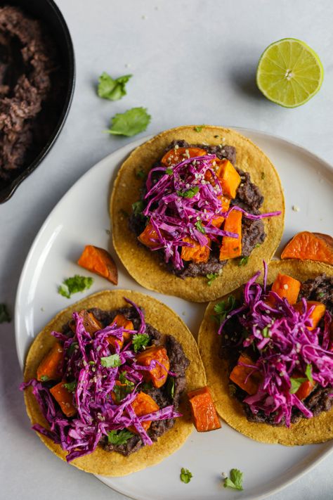 Purple Cabbage Recipes, Roasted Sweet Potato Wedges, Peanut Butter Banana Dog Treats, Black Bean Tostadas, Purple Cabbage Slaw, Bean Tostadas, Banana Dog Treats, Refried Black Beans, Sweet Potato Black Bean