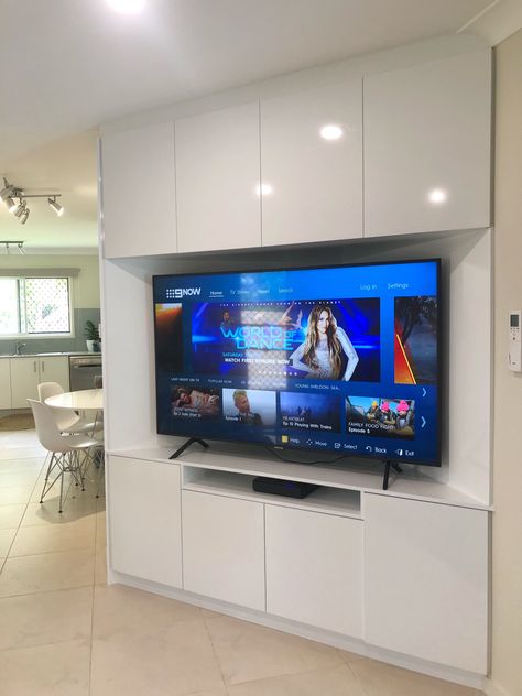 Built in Custom tv unit designed to fit a 65 inch television in Snowdrift white with cabinets at the back Tv Living Room Decor, 65 Inch Tv Living Room, Tv 65 Inch, Modern Furniture Ideas, Room Decor Luxury, Tv Living Room, Luxury Tv Wall, 65 Inch Tv, Tv 65