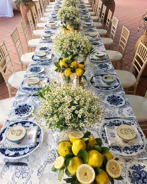 Mediterranean inspired tablescape. Custom designed table cloth, white and blue china bone chargers, tambourines with guests portraits and… Sangeet Board, White And Blue China, Mediterranean Party, Italian Bridal Showers, Mediterranean Table, Dinner Party Table Settings, Bbq Night, Italian Dinner Party, Italian Party