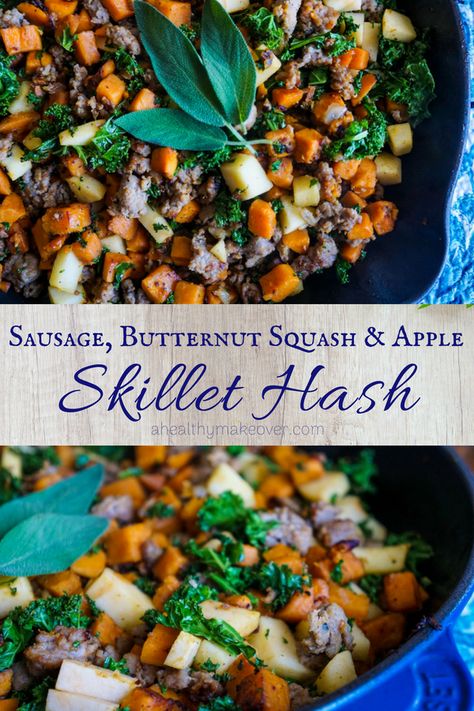 Breakfast Hash Skillet, Butternut Squash Breakfast, Sausage Butternut Squash, Butternut Squash Hash, Apple Skillet, Butternut Squash Sausage, Bird Recipes, Breakfast Hash Recipes, Butternut Squash Apple