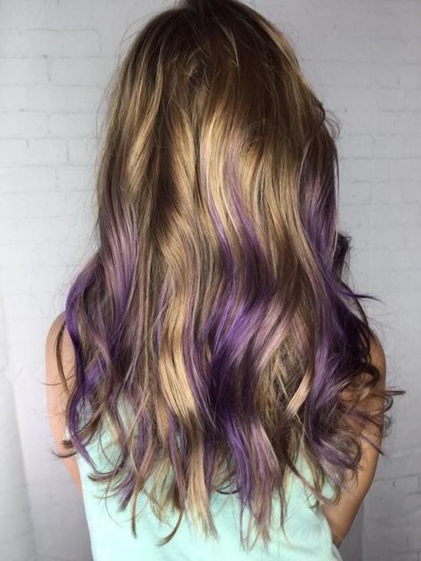 Balayage Hair With Color Pop, Light Brown Hair With Purple Streaks, Blonde Hair Purple Peekaboo, Dark Blonde And Purple Hair, Blond Hair With Purple Highlights, Purple Highlights Light Brown Hair, Brown Hair With Purple Tips, Light Brown Hair With Purple Highlights, Kids Purple Hair