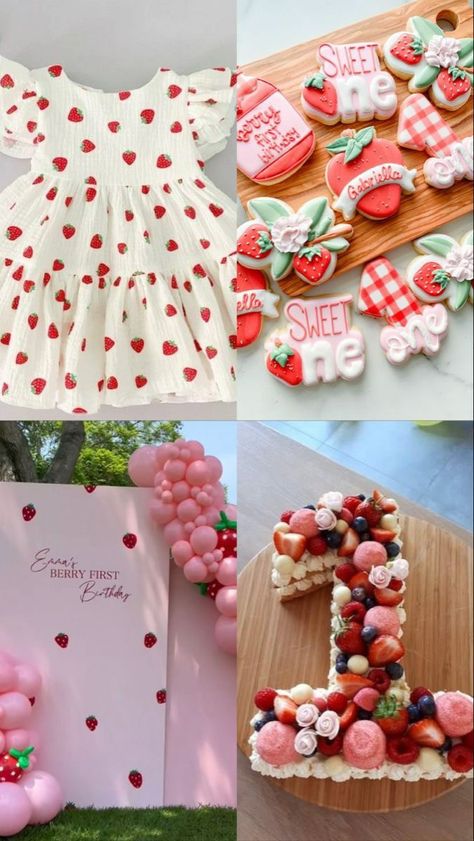 Strawberries Party Ideas, Strawberry Birthday Balloon Arch, Outdoor Strawberry Photoshoot, Outside 2nd Birthday Party Ideas, Two Sweet Party 2nd Birthday Strawberries, Girlie 1st Birthday Party Ideas, 1st Birthday Party Strawberry Theme, Strawberries Birthday Theme, Strawberry Shortcake One Year Old Birthday Party