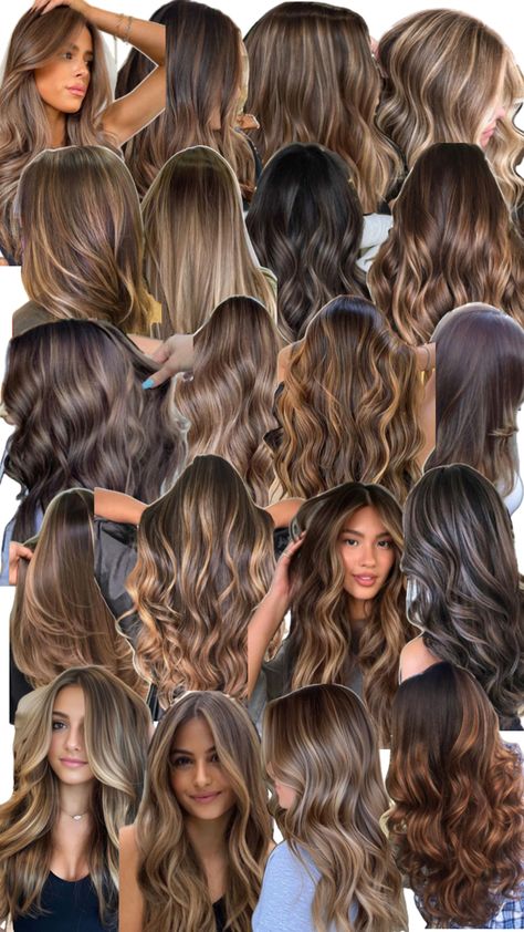 Brown wavy, scattered highlights, inspiration, layers, face framing highlights Scattered Highlights, Hair Collage, Face Framing Highlights, Highlights Inspiration, Layers Face Framing, Highlight Hair, Framing Highlights, Hairstyle Examples, Black Hair Balayage