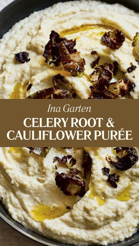 Ina Garten Celery Root & Cauliflower Purée Celery Root Puree Ina Garten, Vegetable Puree Recipes, Celery Root Recipes, Celery Puree, Thanksgiving Brussel Sprouts, Cauliflower Purée, Celery Root Puree, Cauliflower Puree, Gold Potatoes