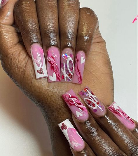 Valentine Day Toe Nail Designs, Valentines Day Inspired Nails, Valentines Nail Set With Initial, Valentines Freestyle Nails, Valentines Set Nails, Dope Nail Designs Valentines Day, Medium Length Nails Valentines, Medium Length Nails Acrylic Coffin Valentines, Valentines Day Nails Medium Length