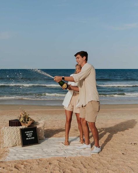 Dreamiest seaside proposal! Engagement On The Beach Ideas, Proposal Ideas Engagement Surprise Beach, Beach Engagement Surprise, Beach Engagement Setup Ideas, Water Proposal Ideas, Proposal Outfits For Her Beach, Surprise Beach Engagement, Beach Proposal Ideas Surprise Sunset, Beach Engagement Proposal Ideas