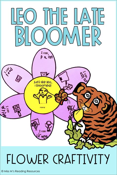 The Leo the Late Bloomer Flower Craftivity is a cute craft to celebrate all students have learned and can do at the end of the school year. In this project, students create flowers showing they have "bloomed" just like Leo from "Leo the Late Bloomer" by Robert Kraus. This project makes a great bulletin board display, memory book page, or other special project for the primary grades. #MissMsReadingResources #Leothelatebloomer #Craft #Kindergarten Leo The Late Bloomer Craft, Leo The Late Bloomer, Craft Kindergarten, Crayon Crafts, Cute Craft, Late Bloomer, Math Crafts, Alphabet Crafts, Board Display