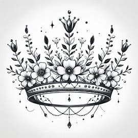 feminine crown, simplistic, jewels, flowers, black and white - Image Creator from Microsoft Designer Monogram Tattoo Ideas, Crown Of Flowers Tattoo, Feminine Crown Tattoo, Crown And Flower Tattoo, Crown And Roses Tattoo, Floral Crown Tattoo, Crown With Flowers Tattoo, Simple Tattoo Designs For Women, Flower Crown Tattoo