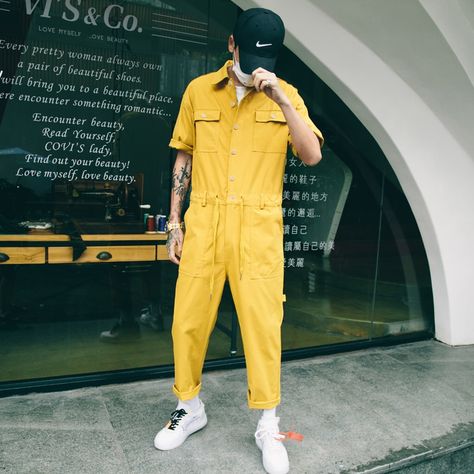 Comes in Yellow and Black Romper Men, Casual Punk, Men Jumpsuit, Yellow Jumpsuit, Look Festival, Leather Jumpsuit, Jumpsuit Men, Mens Outfit Inspiration, Yellow Outfit