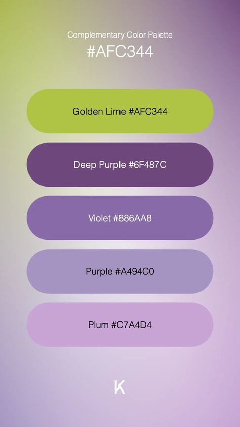 Complementary Color Palette Golden Lime #AFC344 · Deep Purple #6F487C · Violet #886AA8 · Purple #A494C0 · Plum #C7A4D4 Complementary Color Palette, Purple Color Palette, Hex Color Palette, Hex Colors, Complementary Colors, Deep Purple, Unique Colors, Purple Color, Green And Gold