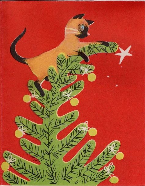 New Year Card Vintage, Vintage Cat Christmas Cards, Vintage Siamese Cat Art, Christmas Cards Artistic, Siamese Cat Christmas, Pet Christmas Cards Ideas, Vintage Illustration Christmas, Vintage Holiday Illustration, Christmas Cards Illustration Design