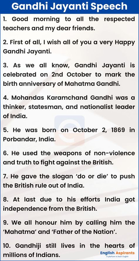 Gandhi Jayanti Speech in English About Gandhi Jayanti, Gandhi Jayanti Speech, 2 October Gandhi Jayanti, Speech In English, Simple Essay, Mahatma Gandhi Jayanti, Letter Writing Examples, Birthday Message For Husband, Essay Writing Examples