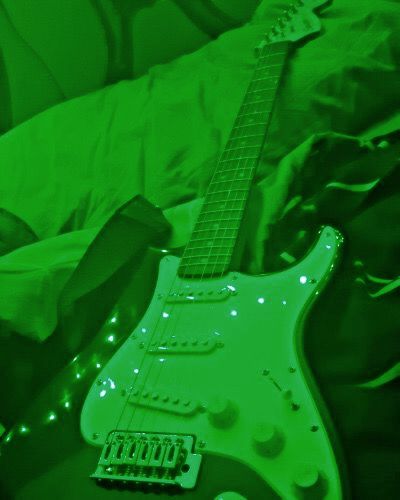 Green Rock And Roll Aesthetic, Dark Green Guitar Aesthetic, Green Rock Aesthetic, Green Guitar Aesthetic, Rock Girl Aesthetic, Green Pfps, Rock And Roll Aesthetic, Deuce Gorgon, Green Guitar