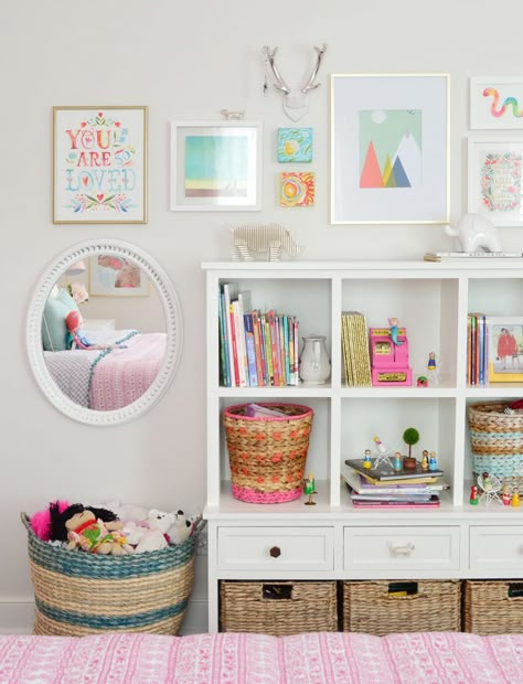 Neutral Colorful Living Room, Mirror For Kids Room, Kids Book Storage Ideas, Mirror Kids Room, Bedroom Bookcase, Kids Bedroom Organization, Girls Bedroom Makeover, Big Girl Bedrooms, Young House