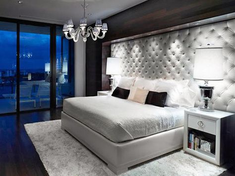 Oversized tufted headboard adds major impact to this bedroom. I love how clean and high fashion this room looks. Modern Glam Bedroom, Glam Bedroom, Decor Videos, Modern Glam, Headboard Designs, White Bedroom, Contemporary Bedroom, Beautiful Bedrooms, Headboards