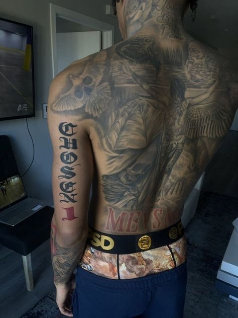 Back Off Neck Tattoo, Sauce Gardner Tattoos, Old English Birth Year Tattoo, Bread Winner Tattoo, Chosen Tattoo Men, Dope Men Tattoos, Black Men Arm Tattoos Sleeve, Fill In Tattoo Ideas Sleeve Men, Biceps Tattoo Men