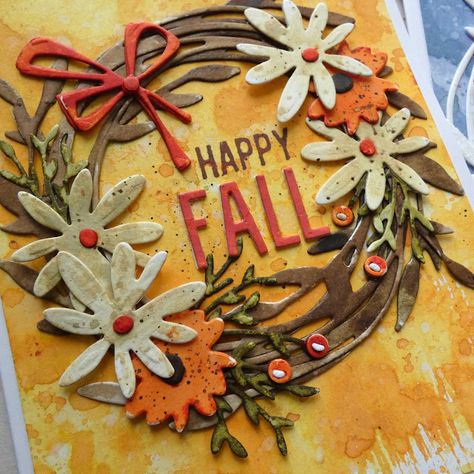 Kath's Blog......diary of the everyday life of a crafter: Tim Holtz/Sizzix 2024 Vault Collection - Funky Floral Wreath Thanksgiving Cards Handmade, Wreath Cards, Sizzix Cards, Mixed Media Art Techniques, Tim Holtz Cards, Tim Holtz Distress Ink, Mixed Media Cards, Foliage Wreath, Tim Holtz Sizzix