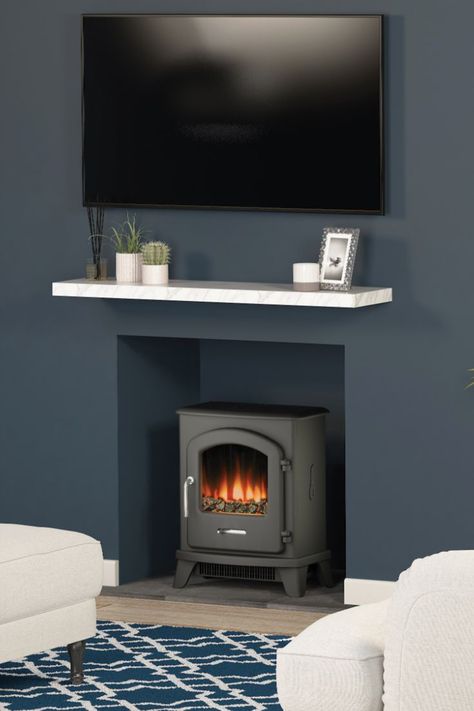 Electric Woodburner Fireplace Ideas, Electric Log Burner Fireplace Ideas, Fire Study, Small Electric Stove, Electric Stove Fireplace, Wilderness Living, Wood Burner Fireplace, Wood Burning Stoves Living Room, Log Burner Living Room